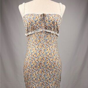 Hesperus Floral Lace Trim Mini Dress Fitted Ruffle Hem Size M